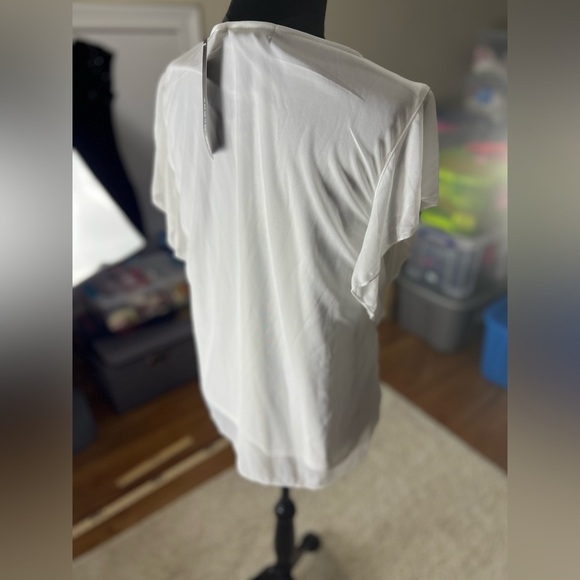 Women’s Large Liz Mccoy White Ruffle Short Sleeve Top - Picture 8 of 10